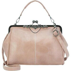 Women's Beige Pink  Vegan Leather Kiss Lock Satchel Evening Crossbody Clutch